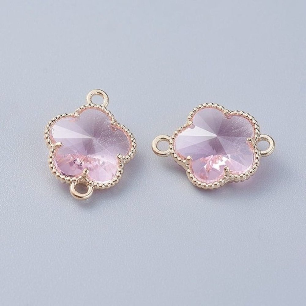 5pc Gold & Pink Flower Glass Link Connectors 12x15mm